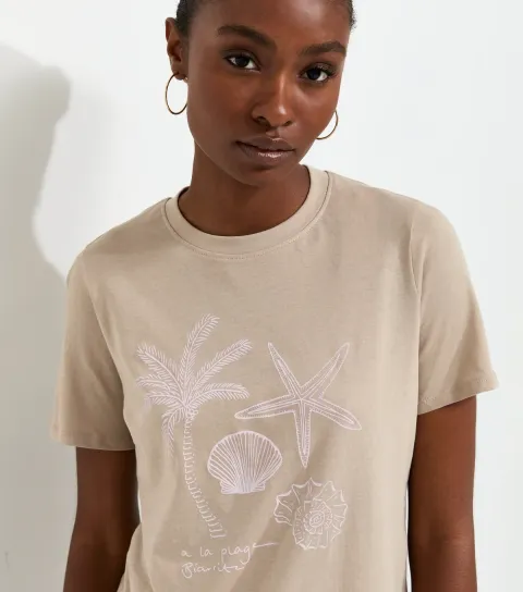 Women's Mink Cotton Palm Shell Print Relaxed T-Shirt
