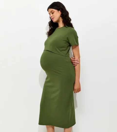 New Look Women's Maternity Dark Khaki Cotton Rich Double Layer Midi Dress