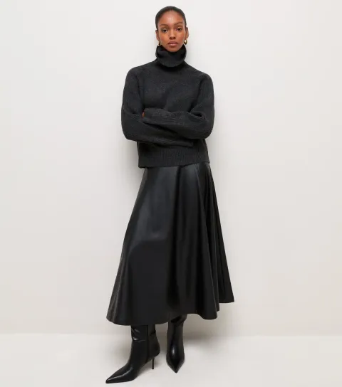Women's Black Faux Leather Circle Maxi Skirt Vegan