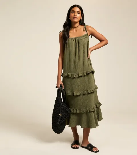 Women's Khaki Crinkled Frilly Trim Midi Dress