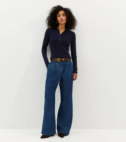 Women's Blue Pleated Wide Leg Trousers