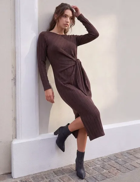Roman Petite Ribbed Tie Detail Midi Bodycon Dress Chocolate