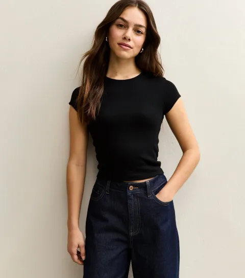 Women's Petite Black Cotton Rich Ribbed Baby Tee