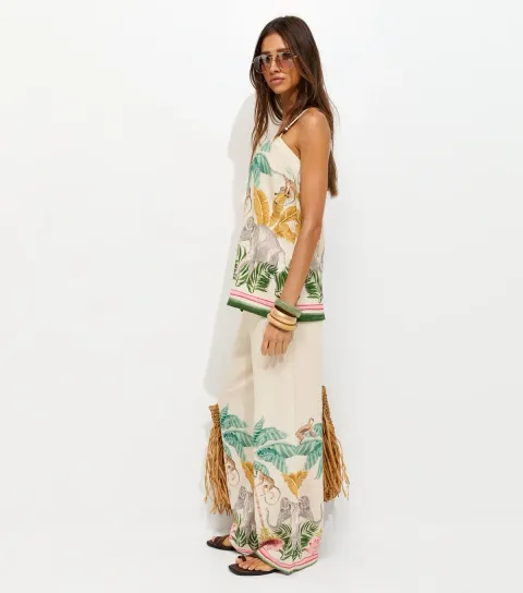 Women's White Tropical Print Wide Leg Trousers