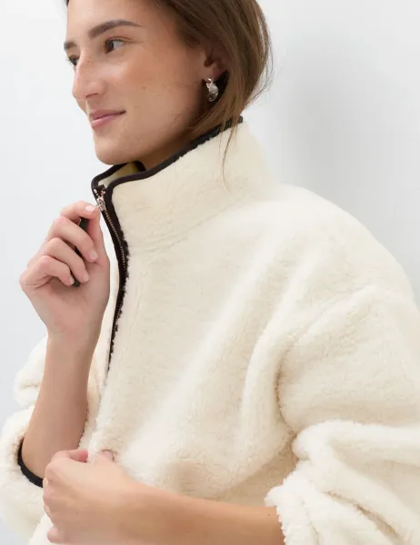 Marks & Spencer Borg Contrast Seam Half Zip Sweatshirt Ivory