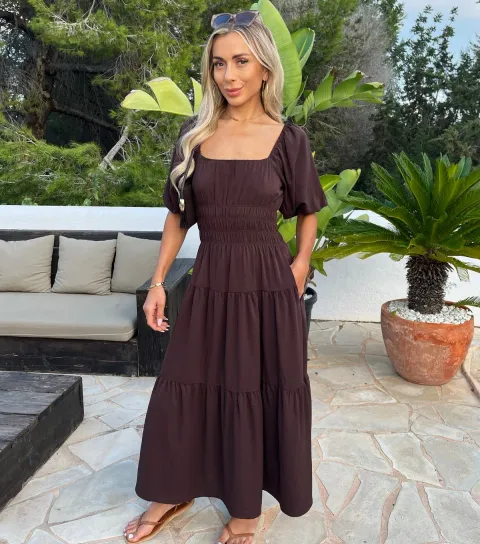 Women's Dark Brown Puff Sleeve Smock Midi Dress