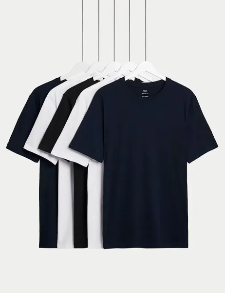Marks & Spencer 5 Pack Pure Cotton Crew Neck T-Shirts Navy Mix