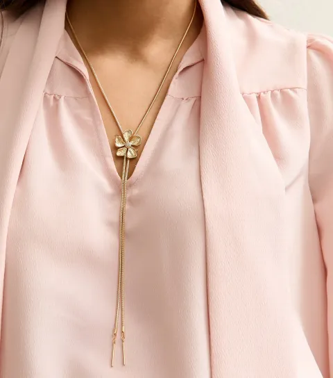 Gold Tone Textured Flower Long Toggle Necklace