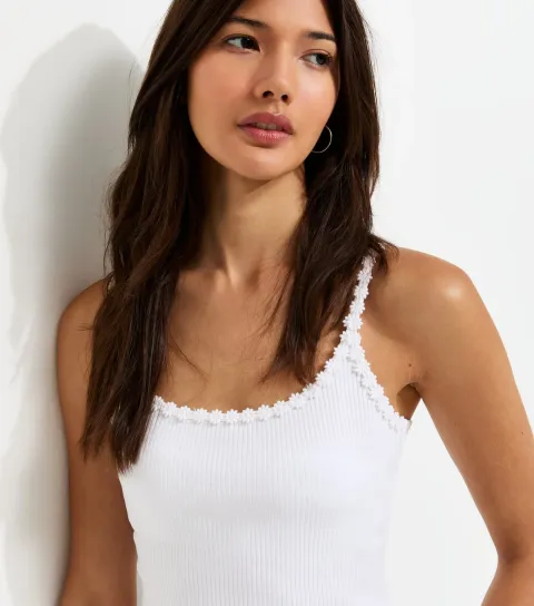 Women's White Cotton Rich Daisy Trim Scoop Neck Vest Top