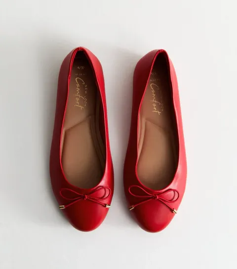 Women's Wide Fit Red Leather Look Ballerina Shoes Vegan