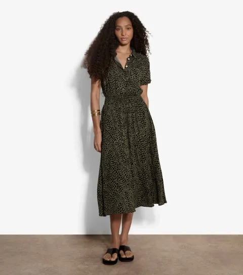 Women's Khaki Animal Print Shirt Midi Dress