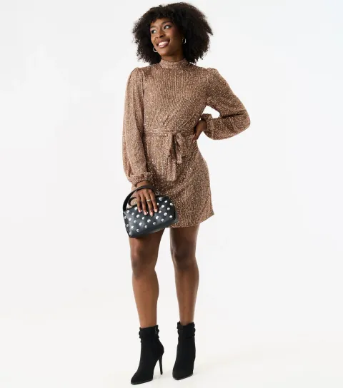 Women's Rose Gold Sequinned Long Sleeve Mini Dress