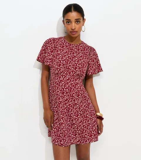 Women's Pink Floral Print Crepe Flutter Sleeve Mini Dress