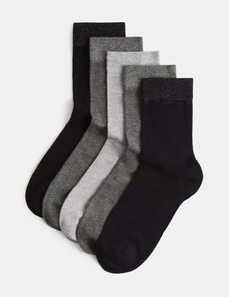 Marks & Spencer 5 Pack Sparkle Lurex Crew Socks Grey Mix