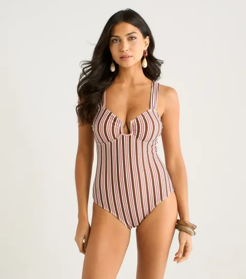 Women's Brown Striped U-Ring Swimsuit