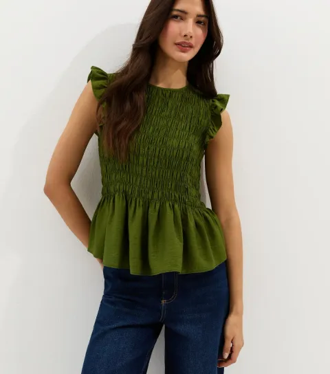 Women's Green Shirred Sleeveless Frill Top