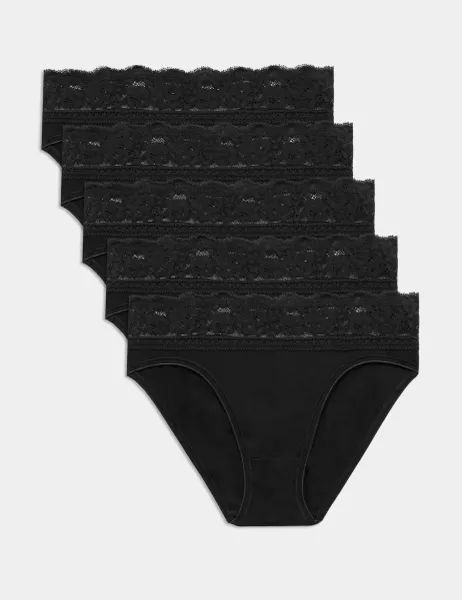 Marks & Spencer 5pk Cotton Lycra High Leg & Lace Knickers Black