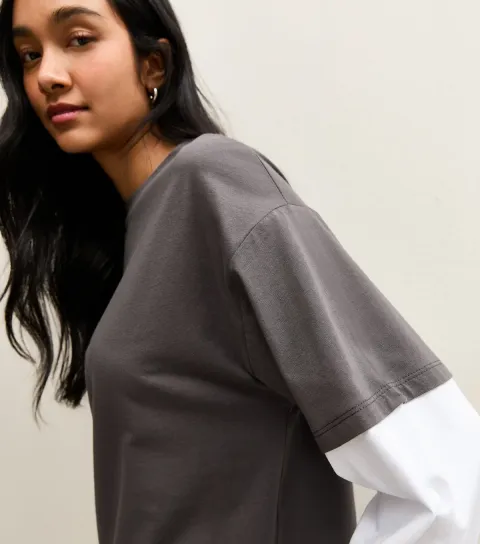 Women's Dark Grey Boxy Layered Sleeve T-Shirt