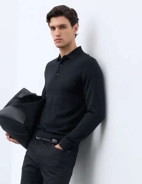 Autograph Pure Extra Fine Merino Wool Polo Shirt Black