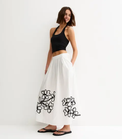 Women's Cream Flower Embroidered Midi Skirt
