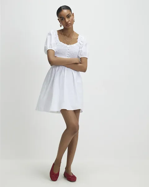 River Island Cotton Puff Sleeve Shirred Mini Dress