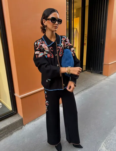 Never Fully Dressed Embroidered Collared Relaxed Cardigan Black Mix