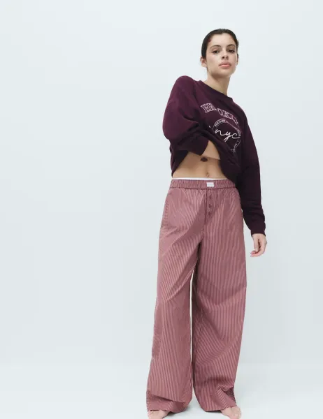 Marks & Spencer Pure Cotton Poplin Striped Pyjama Bottoms Burgundy
