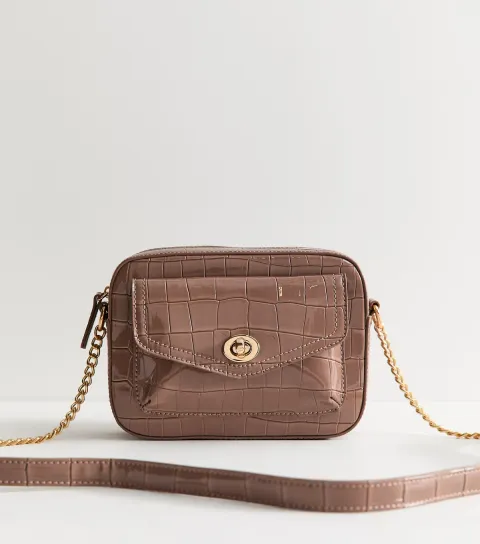 Mink Faux Leather Croc Embossed Crossbody Bag Vegan