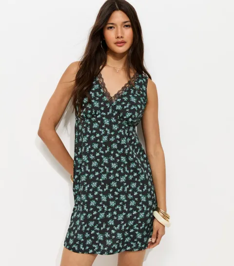 Women's Black Floral Lace Trim Sleeveless Mini Dress