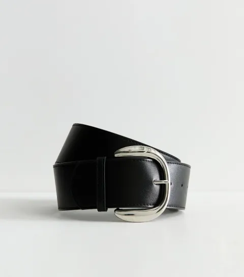 Black Faux Leather Curved Buckle Waist Belt