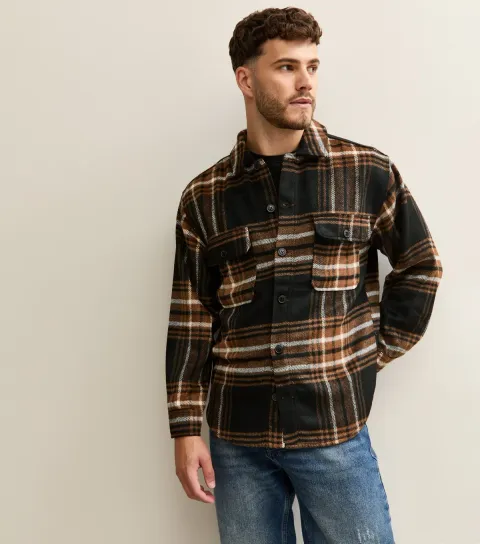 Jack & Jones Men's Black and Orange Check Long Sleeve Heavyweight Overshirt