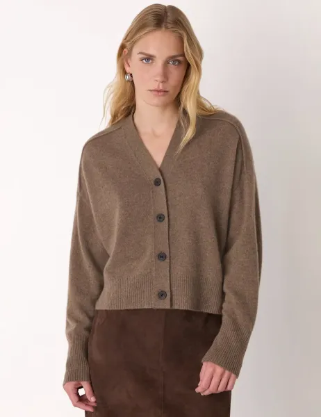Whistles Pure Cashmere V-Neck Button Front Cardigan Neutral
