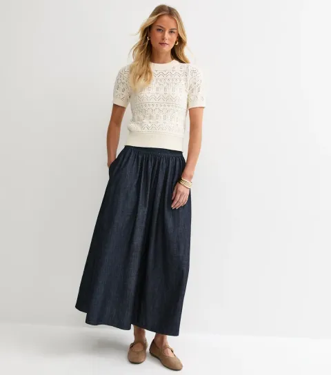 Women's Tall Navy Shirred Denim Midi Skirt