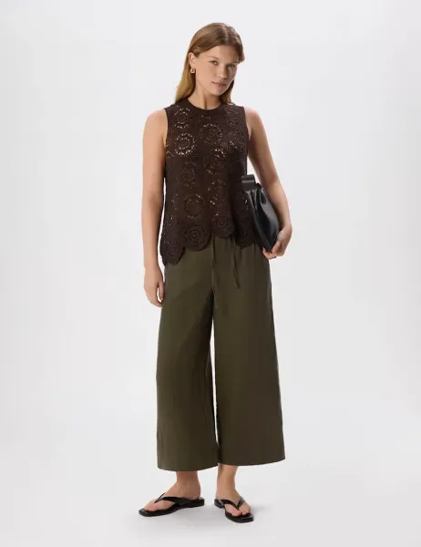 Whistles Pure Linen Wide Leg Cropped Trousers Khaki
