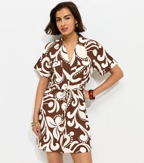 Women's Brown Abstract Print Short Sleeve Shirt Dress