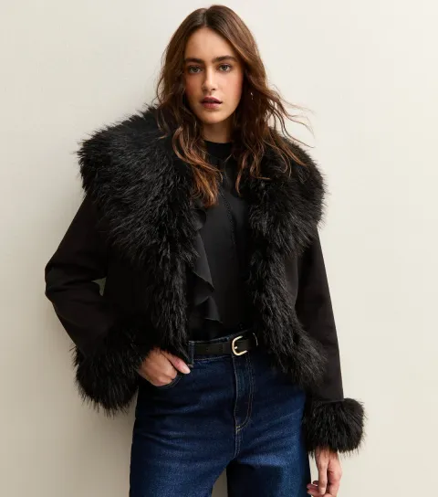 New Look Women's Black Faux Suede Fur Trimmed Jacket
