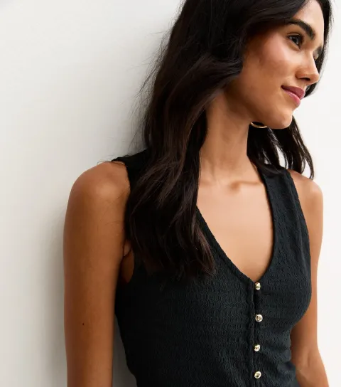 Women's Black Textured Gold Button Through Tank Top