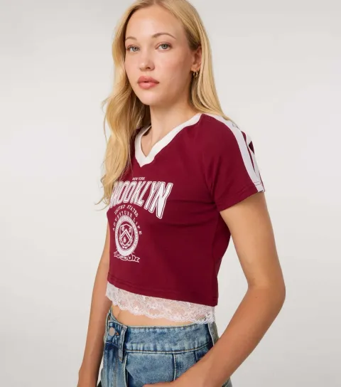 Pink Vanilla Women's Dark Burgundy Brooklyn V-Neck Lace Trim T-Shirt
