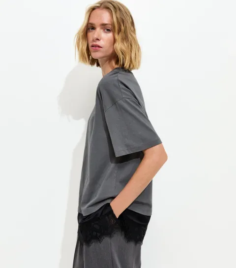 Women's Dark Grey Satin Lace Hem Oversized T-Shirt