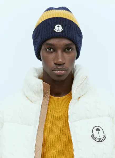 Striped Logo Patch Beanie Hat