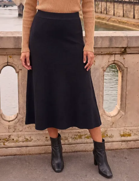 Roman Knitted Midi A-Line Skirt Black