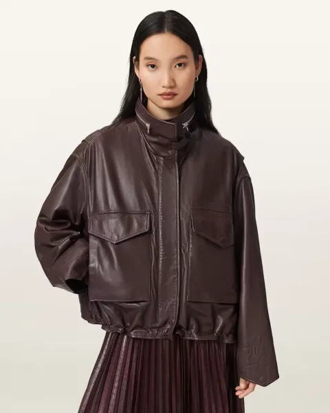 Clay Funnel Neck Oversized Leather Jacket