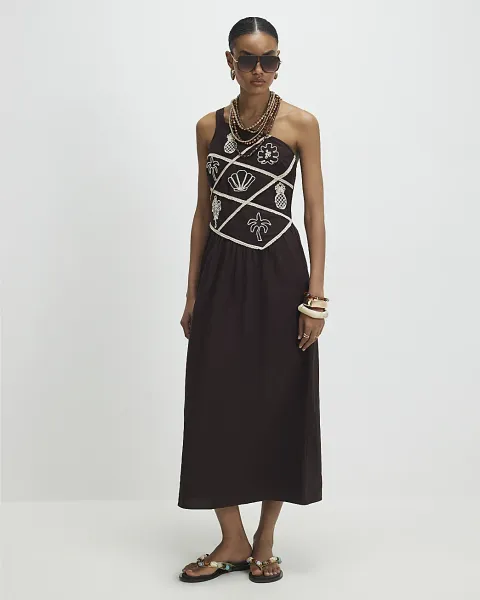 River Island Embroidered One Shoulder Maxi Dress