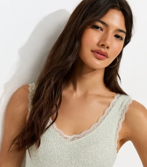 Women's Green Cotton Rich Ditsy Floral Lace Trim Vest