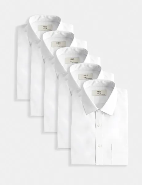 Marks & Spencer 5 Pack Slim Fit Easy Iron Short Sleeve Shirts White