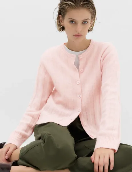 Marks & Spencer Ribbed Crew Neck Cardigan with Wool Pale Pink
