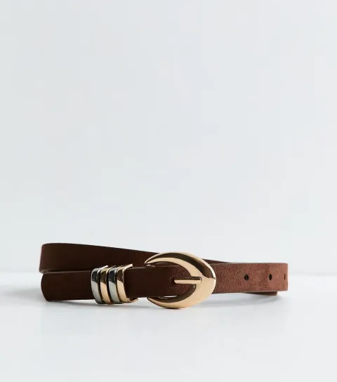 Dark Brown Faux Suede Mixed Metal Oval Buckle Belt