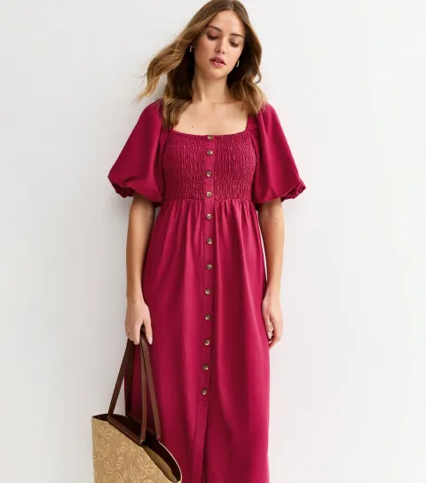 Women's Light Burgundy Faux Button Milkmaid Midi Dress