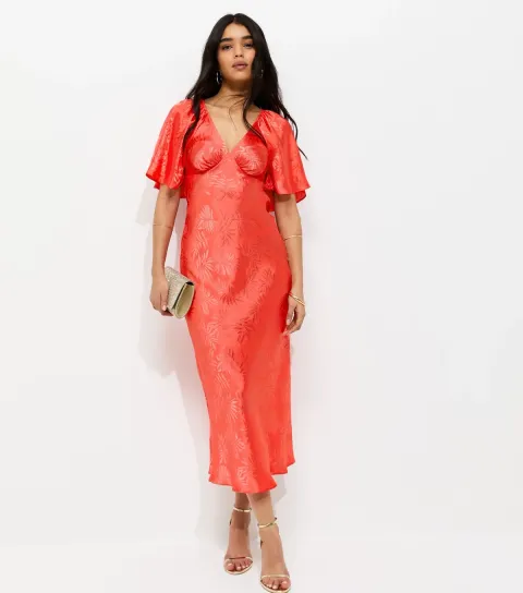 Women's Dark Coral Palm Leaf Jacquard Flutter Sleeve Midi Dress