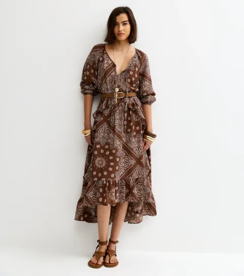 Women's Brown Bandana Print Ruffle Hem Midi Dress